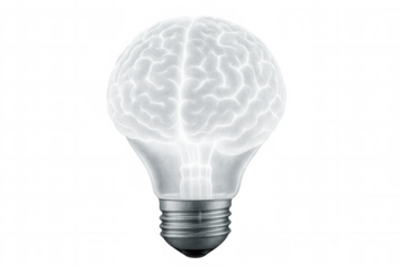 Glowing brain illuminating light bulb, representing creative thinking, innovative concept against transparent backdrop