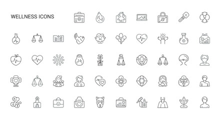 Collection of wellness symbols presented as outline style elements on a clean white backdrop, conveying health and mindfulness.