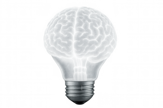 Glowing brain illuminating light bulb, representing creative thinking, innovative concept against transparent backdrop