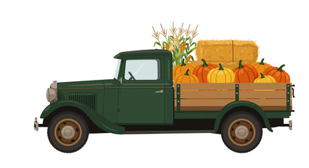 A green vintage pickup truck filled with pumpkins corn and hay bales