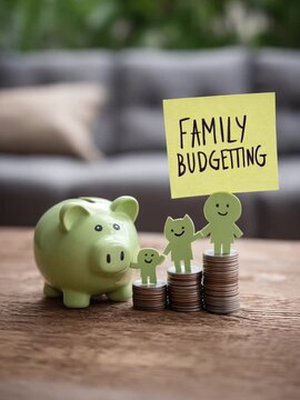Family Budgeting: A whimsical composition showcasing a green piggy bank, representing savings, a family figures, and stacks of coins, a visual allegory for responsible financial management for family.