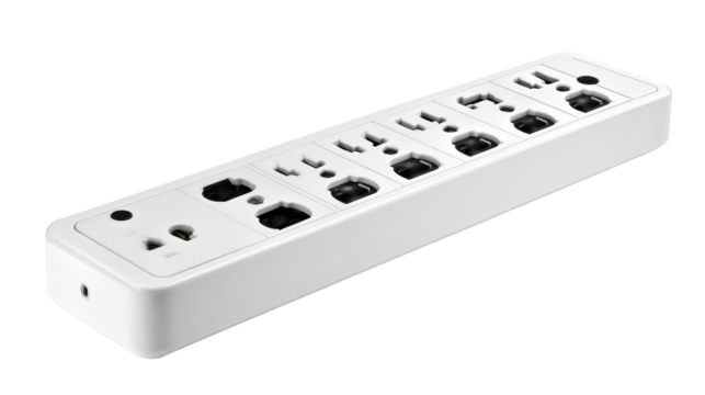 White power strip with multiple outlets and USB ports on a white isolated background.