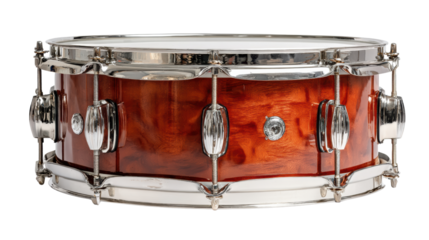 Wooden snare drum with metal fittings, isolated on a white background.