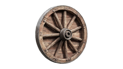 Wooden wheel with spokes, vintage design against a white isolate background.
