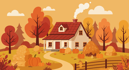 A house with a red roof sits among fall foliage pumpkins  hay bales © Miu Studio