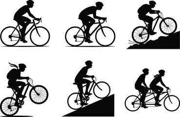 Obraz premium Cyclist silhouette collection, mountain biking, tandem riding, uphill cycling, sports activity, adventure riding, flat vector illustration, black isolated design