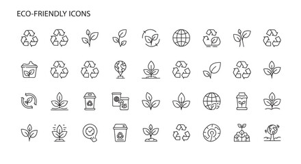 Collection of ecofriendly line art symbols representing sustainability and environmental awareness on a clean white backdrop, promoting a sense of responsibility.