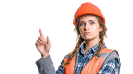 Young woman in an orange hard hat and safety vest pointing upwards, ready for construction or engineering tasks.