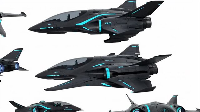 Futuristic Black Spaceship with Blue Neon Lights 3D Render