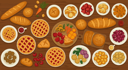 A spread of foods including bread pies fruit and vegetables laid out on a wooden table