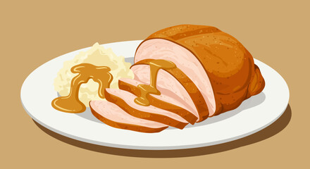 A white plate displays sliced turkey mashed potatoes and gravy against a brown background