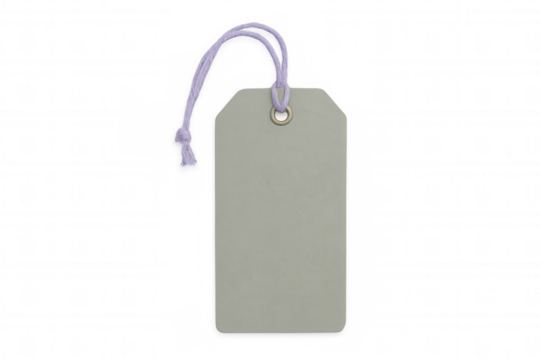 Beige blank label tag with purple string is attached through metal eyelet on transparent background