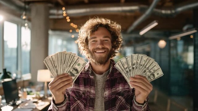 Financial Triumph: A cheerful person proudly displays a fan of money, embodying the essence of financial success, earning, and wealth in a candid and relatable moment.