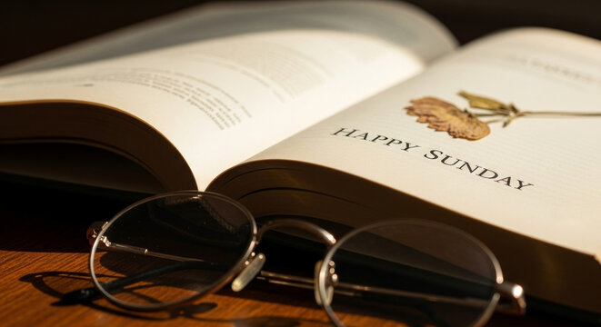 Open book with the words Happy Sunday, glasses, and a dried flower in warm sunlight.