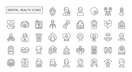 Collection of mental health symbols representing various psychological concepts and emotional states on a clean white backdrop, promoting awareness and understanding.
