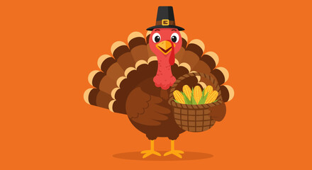 Cartoon turkey wearing pilgrim hat holds a basket of corn on orange backdrop
