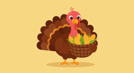 Cartoon turkey with a basket of corn on a solid lighttan background