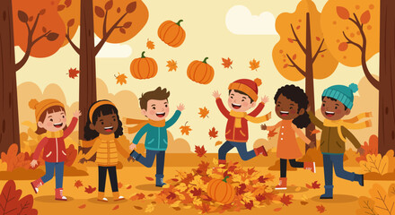Children in a fall scene play with leaves and pumpkins