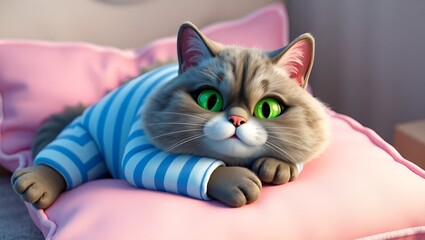 3D illustration of a cat wearing pajamas lying relaxed on a pillow