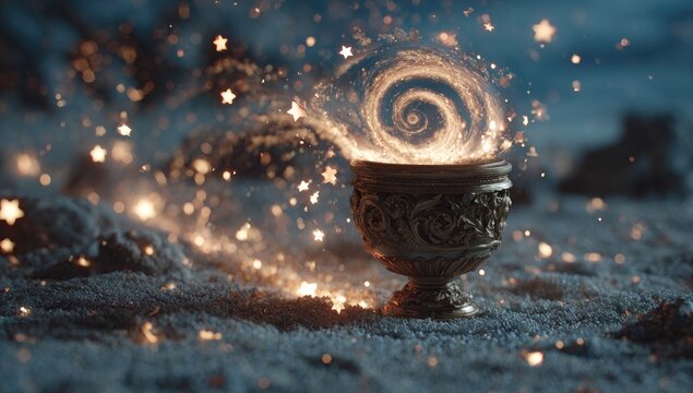 Golden goblet swirling with magic, glittering stars and dust