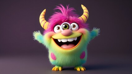 Cute Furry Creature with Horns and Three Eyes