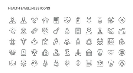 Collection of health and wellness symbols arranged neatly on white surface representing healthcare and healthy lifestyle in minimalist style.