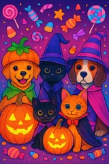 Fototapeta premium Adorable cartoon pets in Halloween costumes surrounded by pumpkins and candy, perfect for festive graphics, children’s products, and seasonal marketing.
