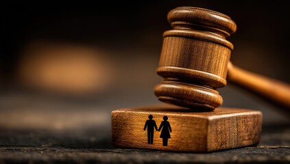 Gavel resting on a wooden block with a couple's silhouette