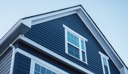 Close up of a home's exterior siding with white trim and windows.