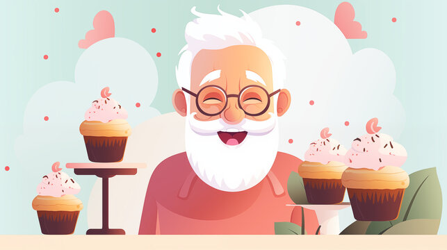 Happy elderly man with glasses enjoying cupcakes in a colorful scene  