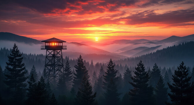 Majestic Sunrise Over Misty Mountain Forest with Watchtower