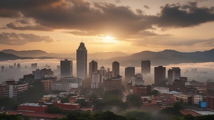 Fototapeta premium Panoramic Cityscape with Morning Fog, Distant Mountains, and Golden Sky
