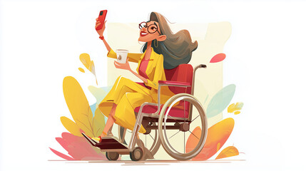 Young woman in wheelchair taking selfie and smiling with coffee  