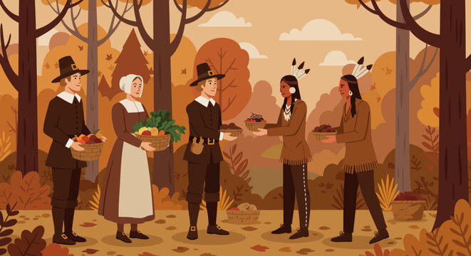 Pilgrims  Native Americans exchange food in autumn setting