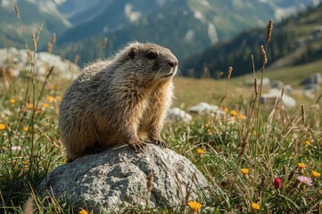 Alpine marmot sitting rock, mountain meadow, wildflowers