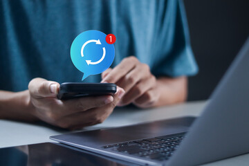Update concept. upgrade system software for modernize, released new version. Person with notification for software updates on screen