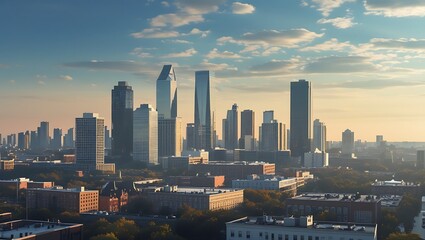 Fototapeta premium Modern City Skyline with Skyscrapers Under a Serene Sky at Dawn