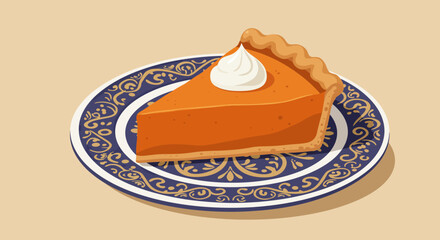 Pumpkin pie slice on a patterned plate with whipped cream topping set against a beige backdrop