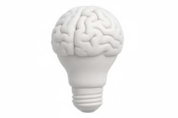 White light bulb with brain shape representing ideas, innovation, and creativity, isolated on transparent background