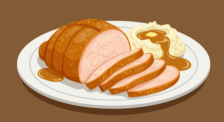 Sliced turkey roll with mashed potatoes gravy and butter on a white plate