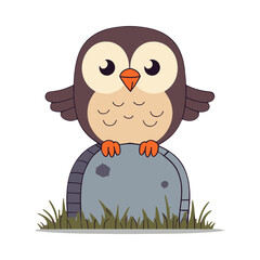Cute cartoon owl sitting on a tombstone in a graveyard.