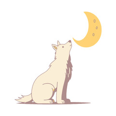 Cute cartoon wolf sitting under the crescent moon.