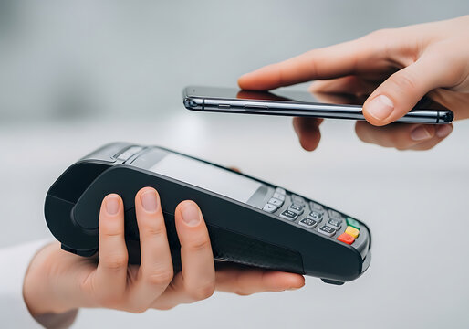 Closeup of a person using a mobile phone for contactless payment on a pos terminal, showcasing modern technology and financial transactions