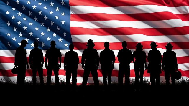 Silhouetted firemen and first responders stand proud before a waving American flag backdrop