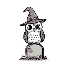 Cute Halloween owl wearing a witch hat on a tombstone.