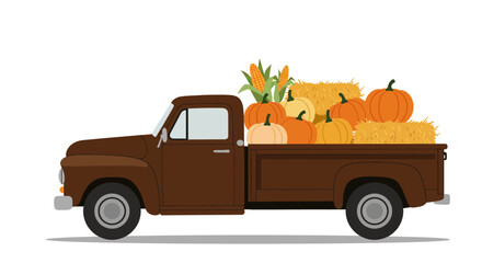 Truck hauling pumpkins corn and hay bales