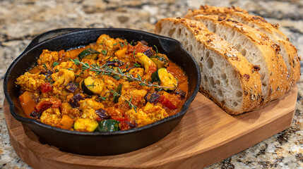 Close-up view of herb-infused vegetable stir-fry beside warm bread, showcasing