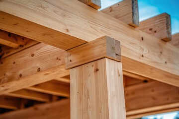 Close-up of wooden beams and support post.