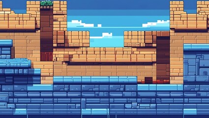 Pixel Art Game Level with Ancient Stone Walls and Water Platforms