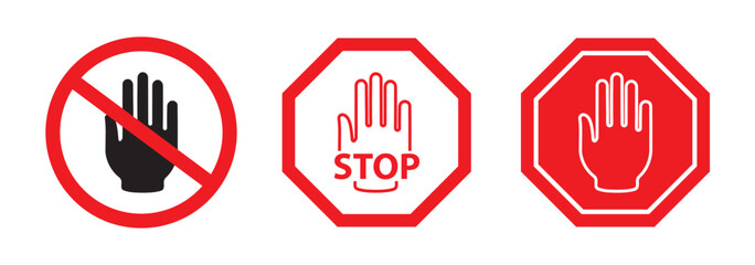 Enhance safety visuals with our Stop Red Sign Icon Set, Warning symbol. stop hand icon, flat palm gesture symbol for warning, caution, restriction, traffic safety, danger, and alert. EPS 10